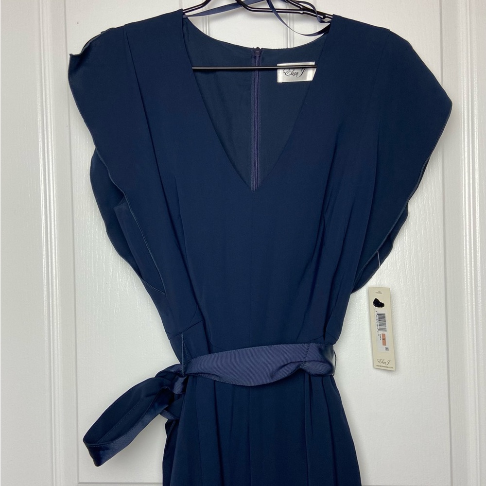 NEW Eliza J Navy Blue V-Neck Split Flutter Sleeve Jumpsuit with Pockets Size 12